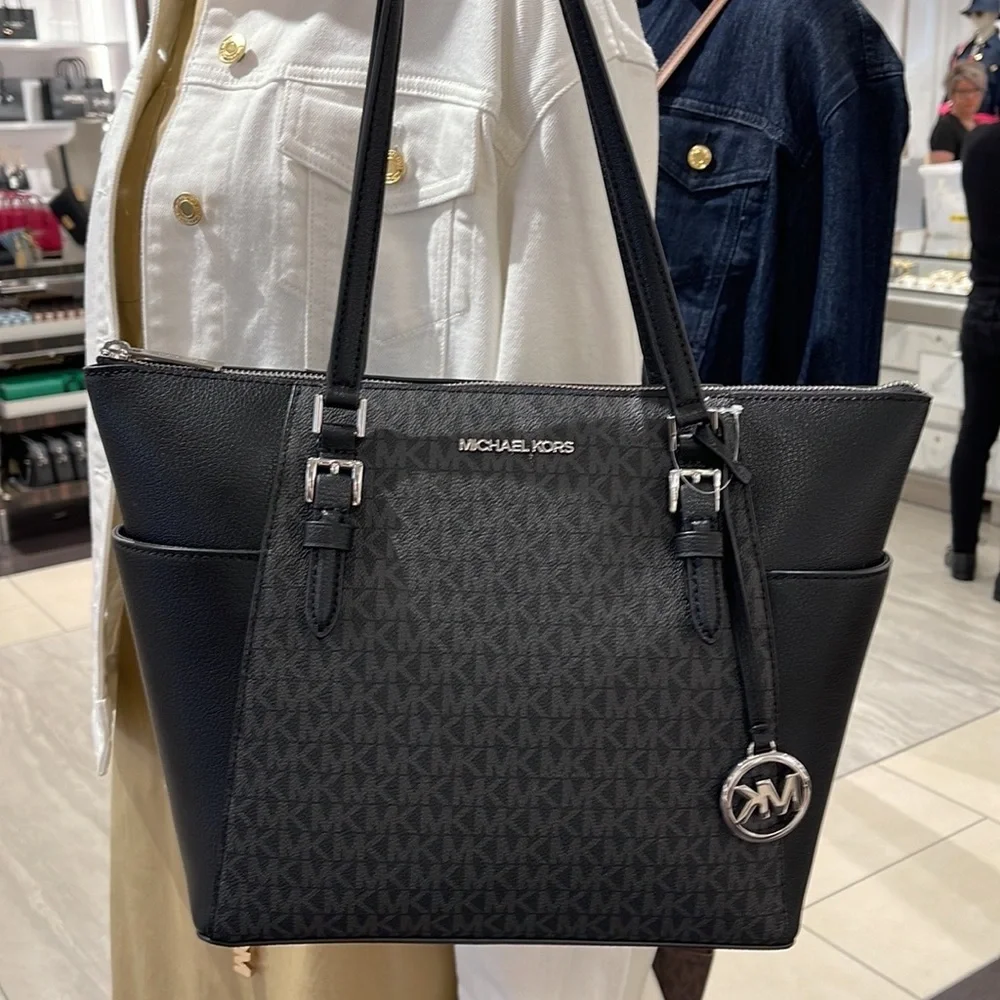 MICHAEL KORS CHARLOTTE LARGE TOP ZIP TOTE BLACK - Picture 14 of 16